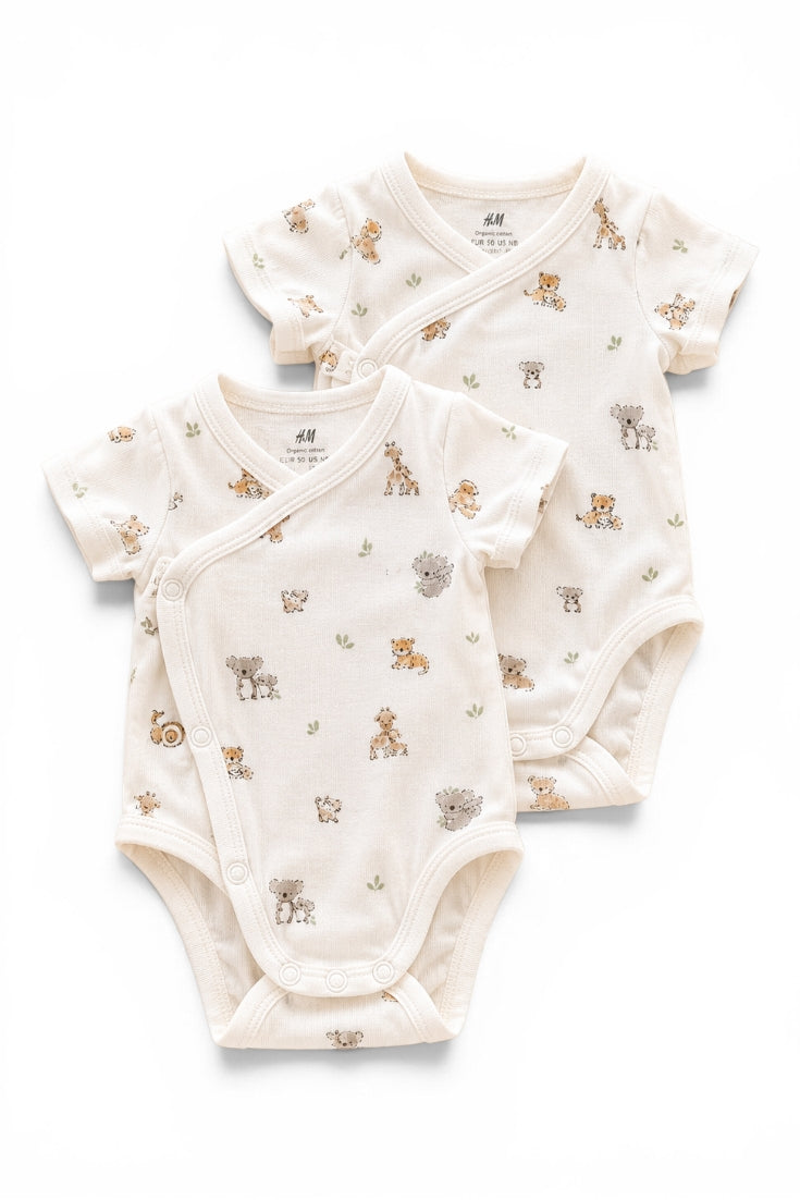H&M 2er-Pack Wickelbodys Kurzarm Creme Safari-Tiere