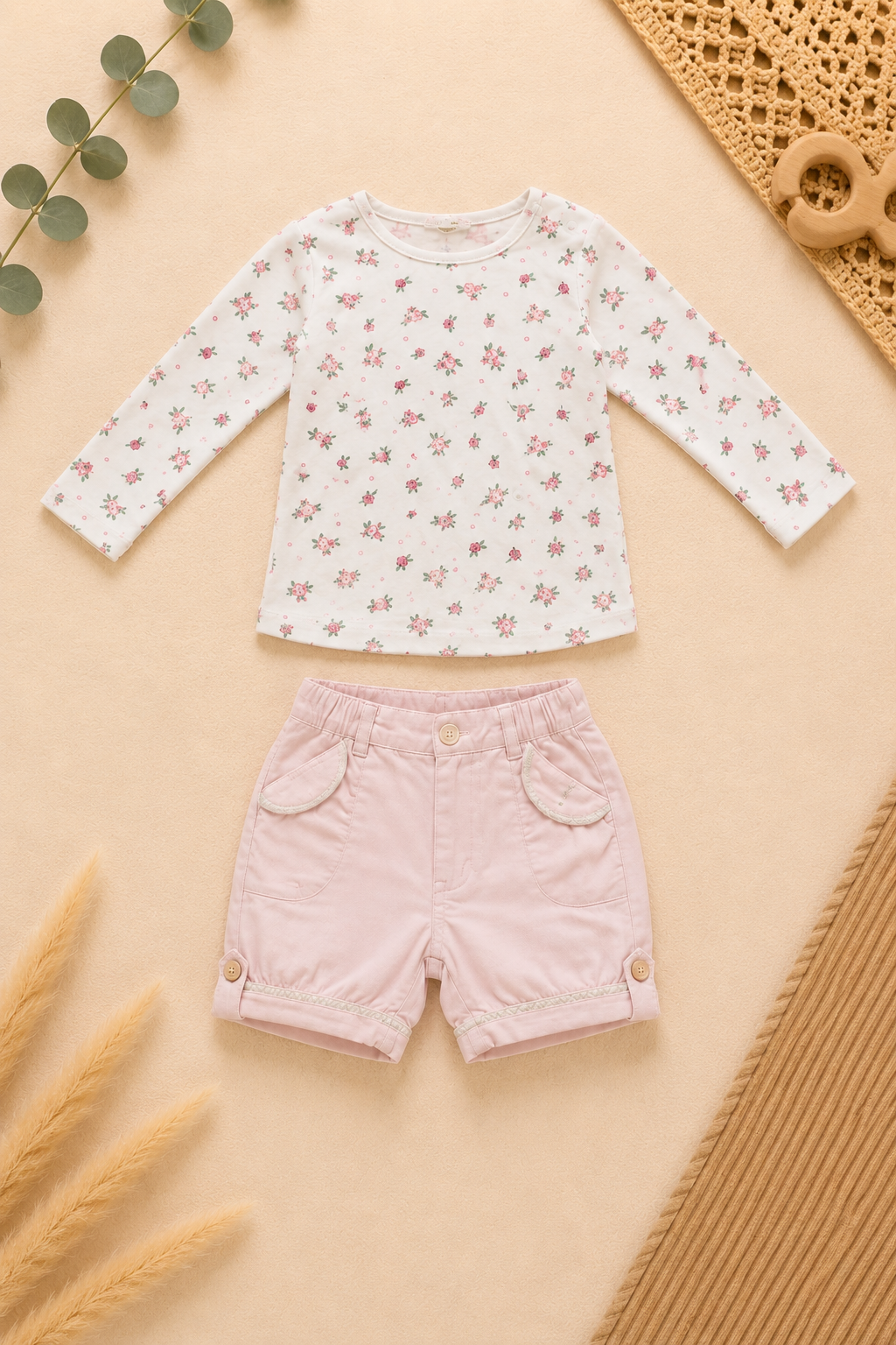Set Langarmshirt Blümchen & Shorts Rosa