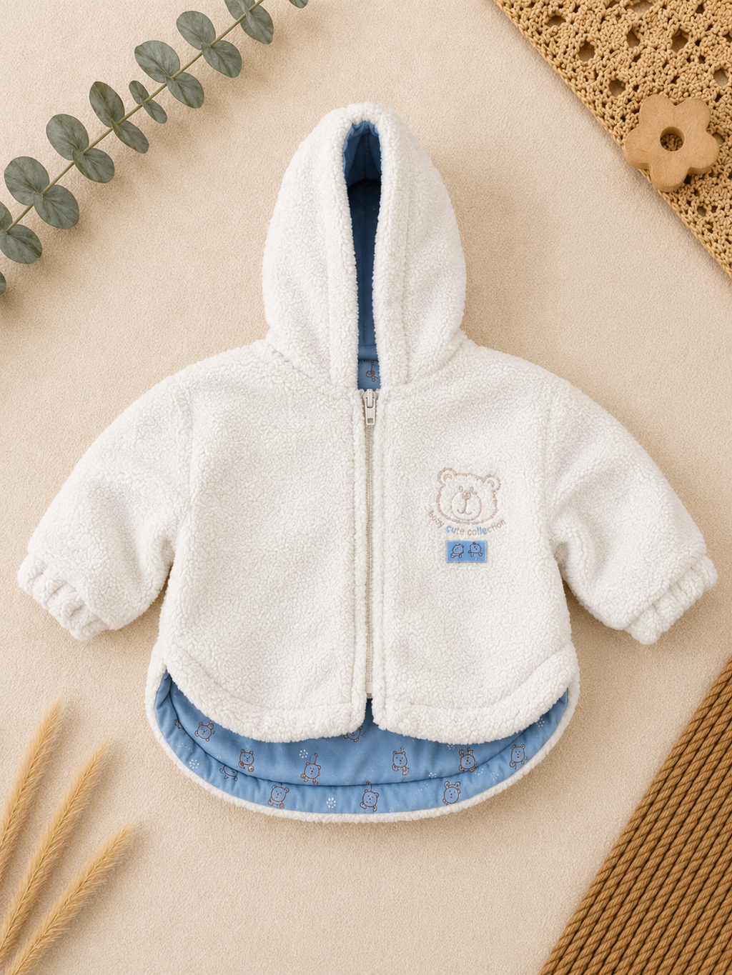 Teddyfleece-Jacke Creme Bär-Stickerei Blau Futter