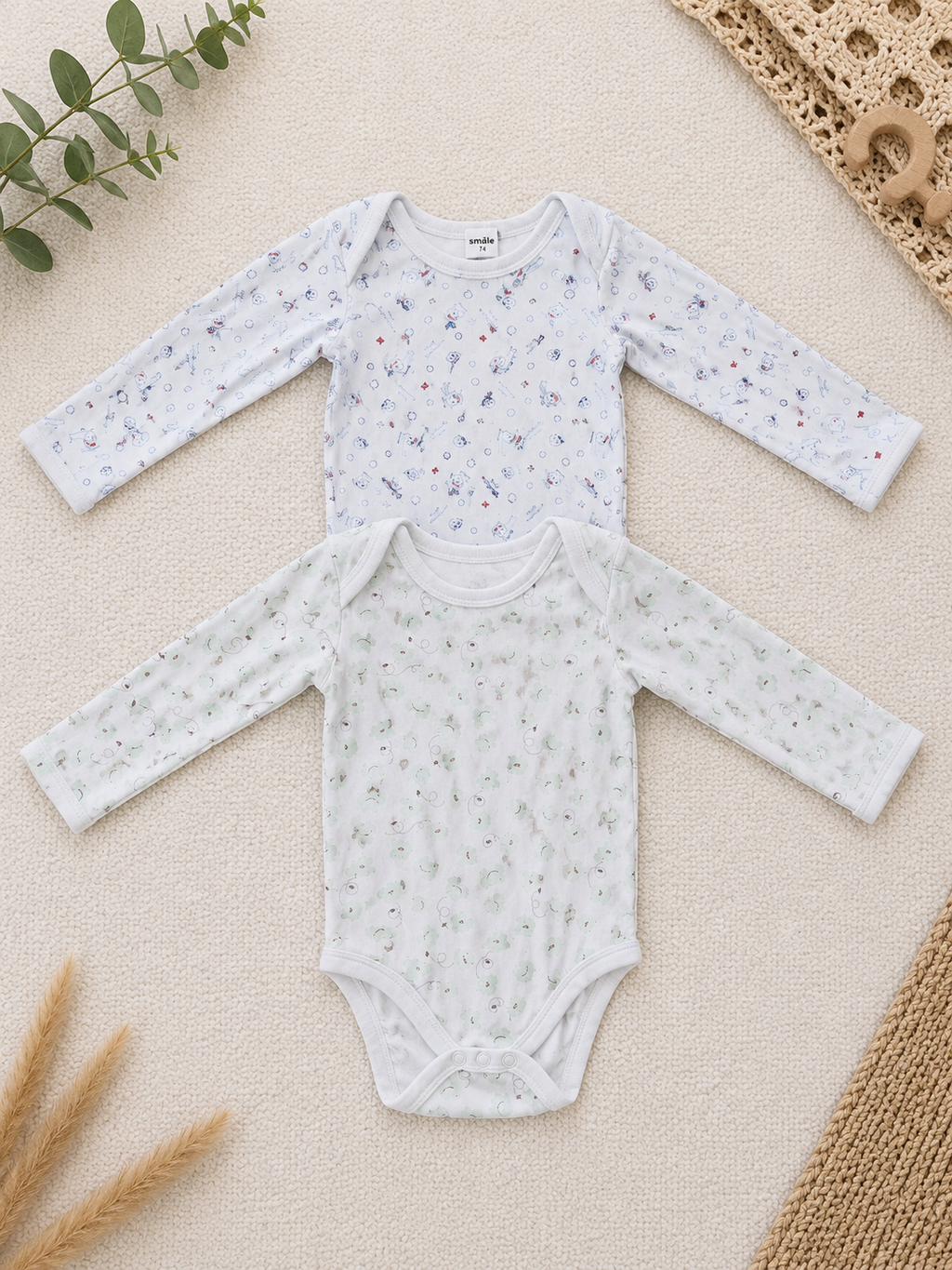 2er-Pack Langarm-Body Weiss Allover Print