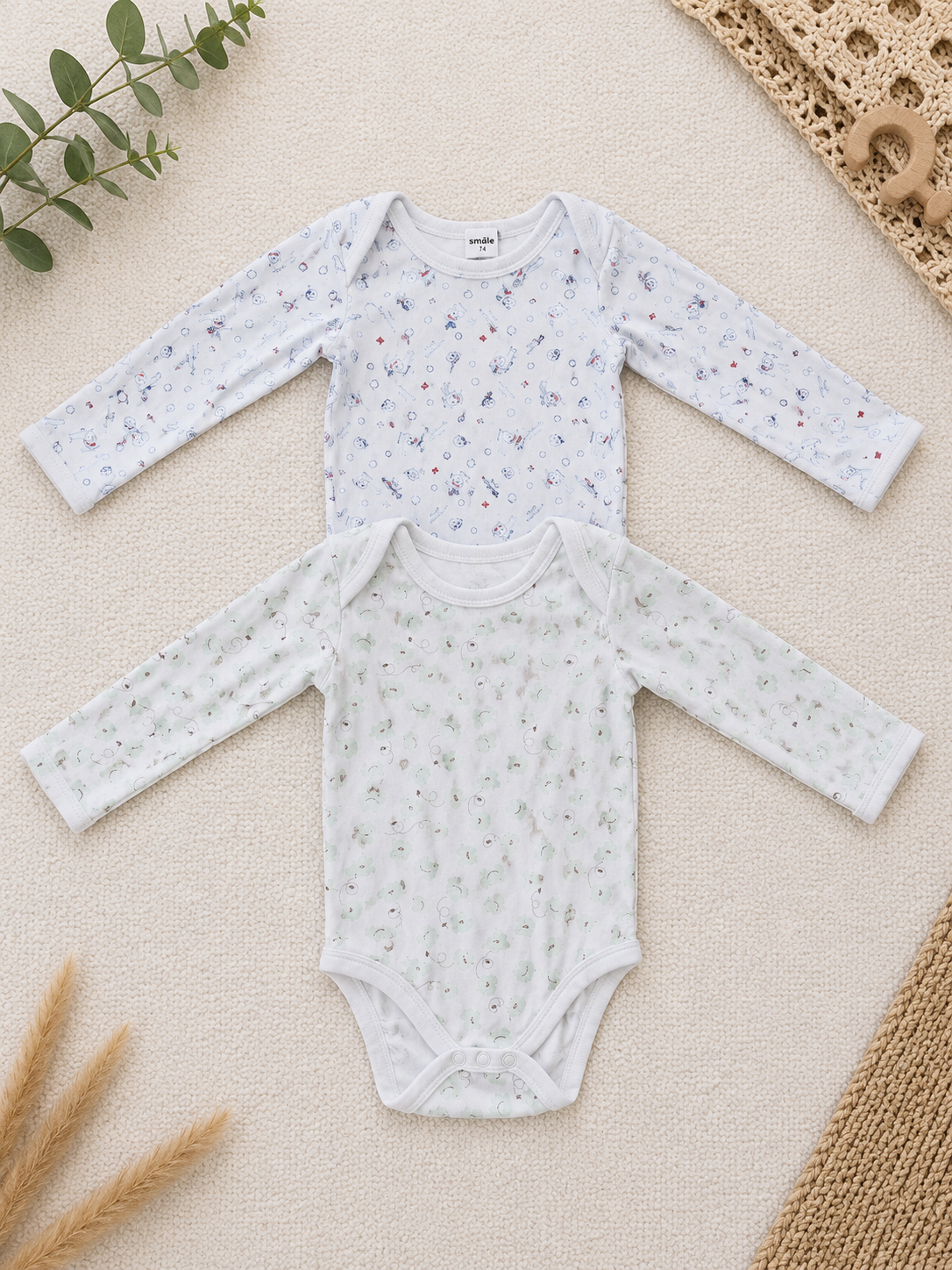 2er-Pack Langarm-Body Weiss Allover Print