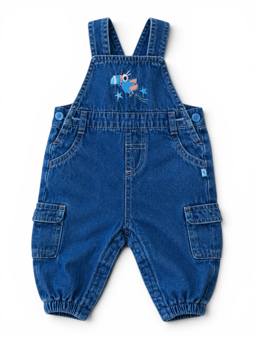 Jeans-Latzhose Blau Cargo Papagei-Stickerei