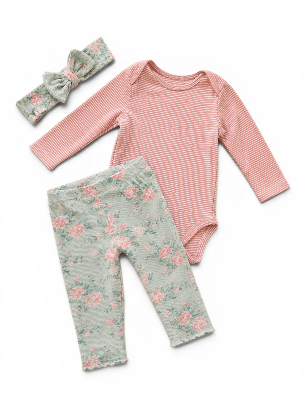 3-teiliges Set Body Rosa Gestreift, Leggings Mint Blumen & Haarband