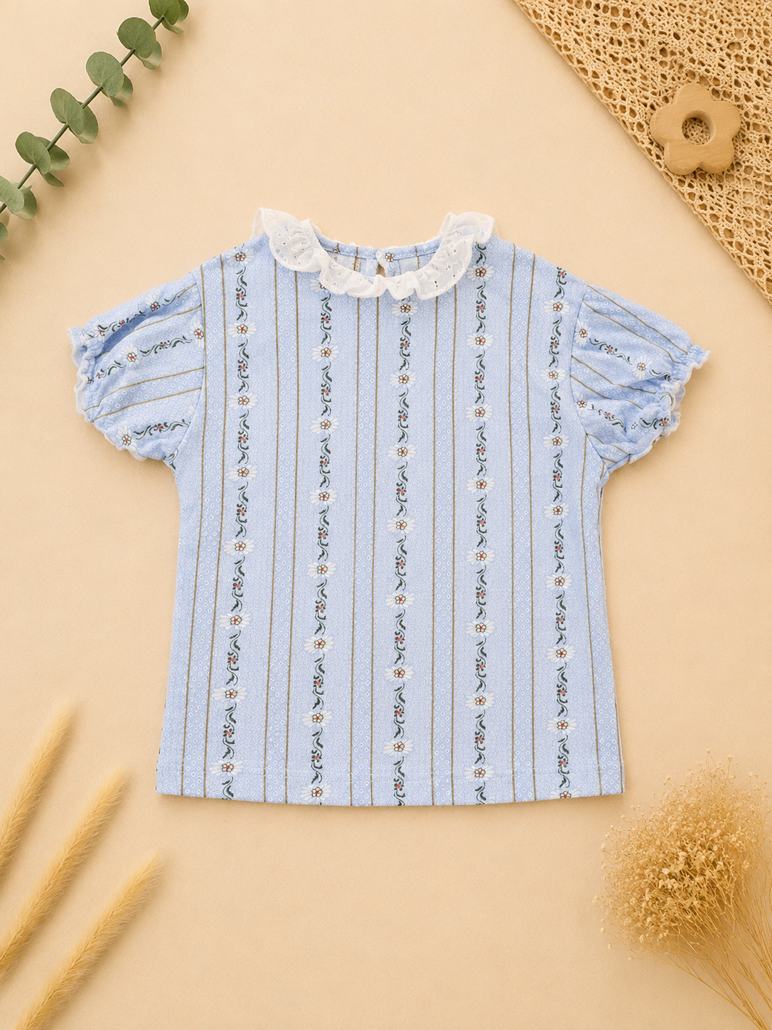 Shirt Hellblau Blumen-Streifen