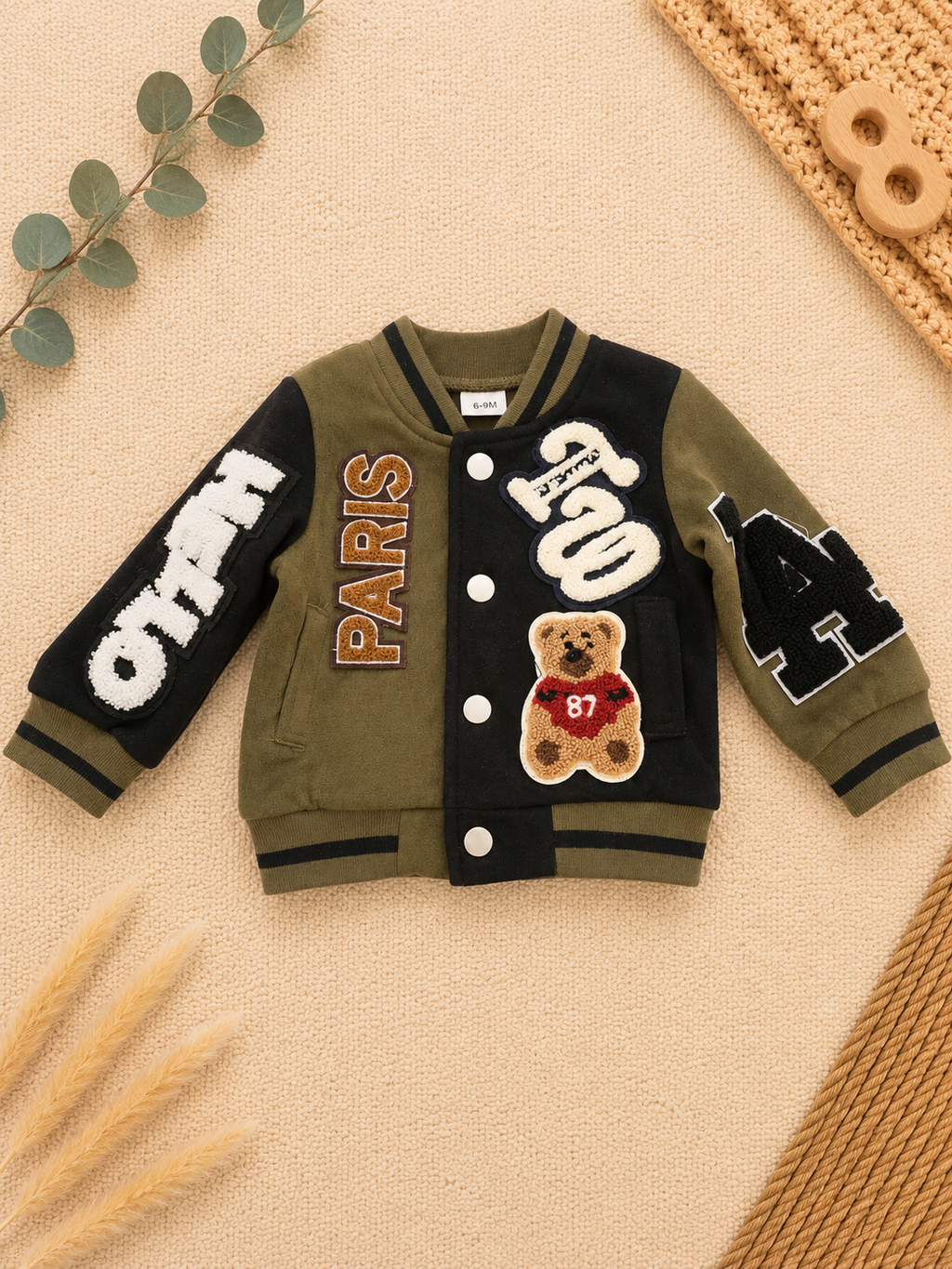 Baby-Collegejacke Khaki/Schwarz "Paris" Bär