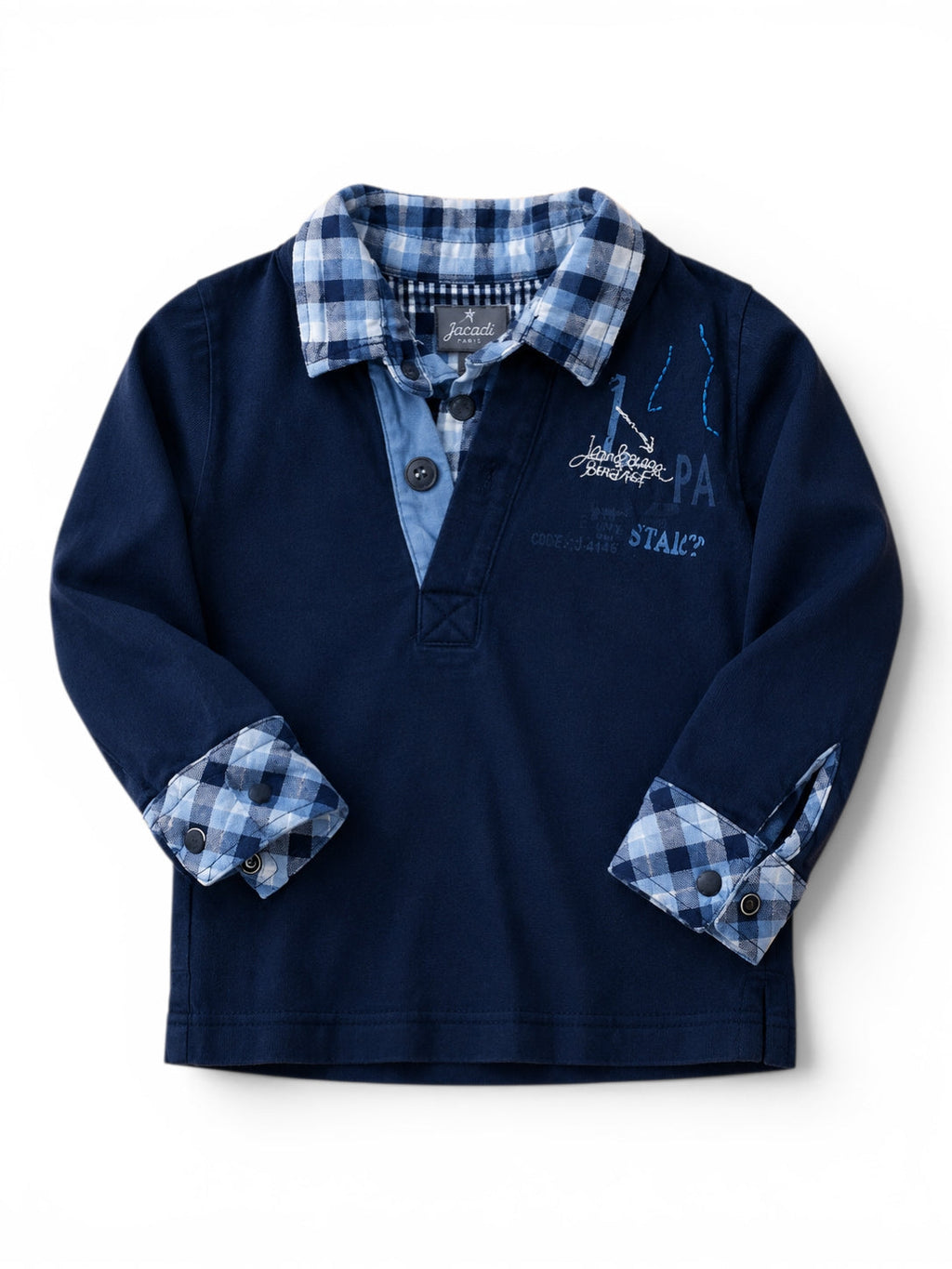 Jacadi Langarm-Poloshirt Navy Karo-Kragen & Manschetten