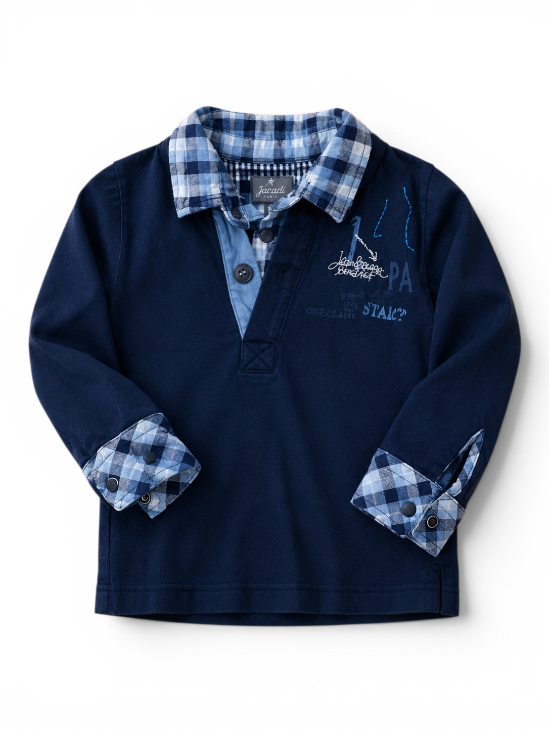 Jacadi Langarm-Poloshirt Navy Karo-Kragen & Manschetten