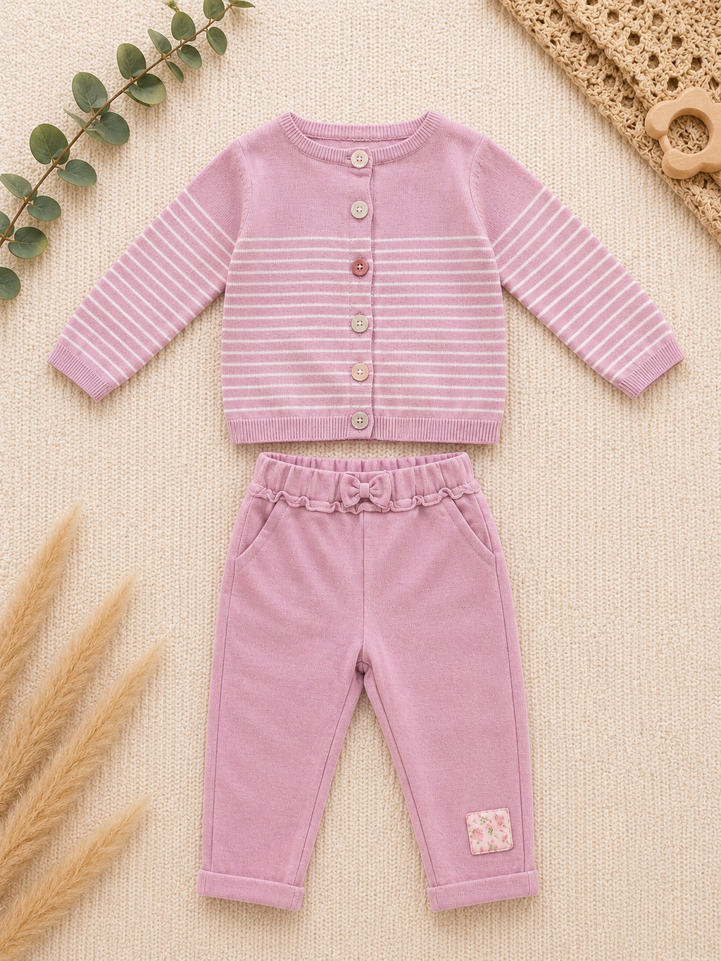 Set Strickjacke Gestreift & Sweathose Rosa