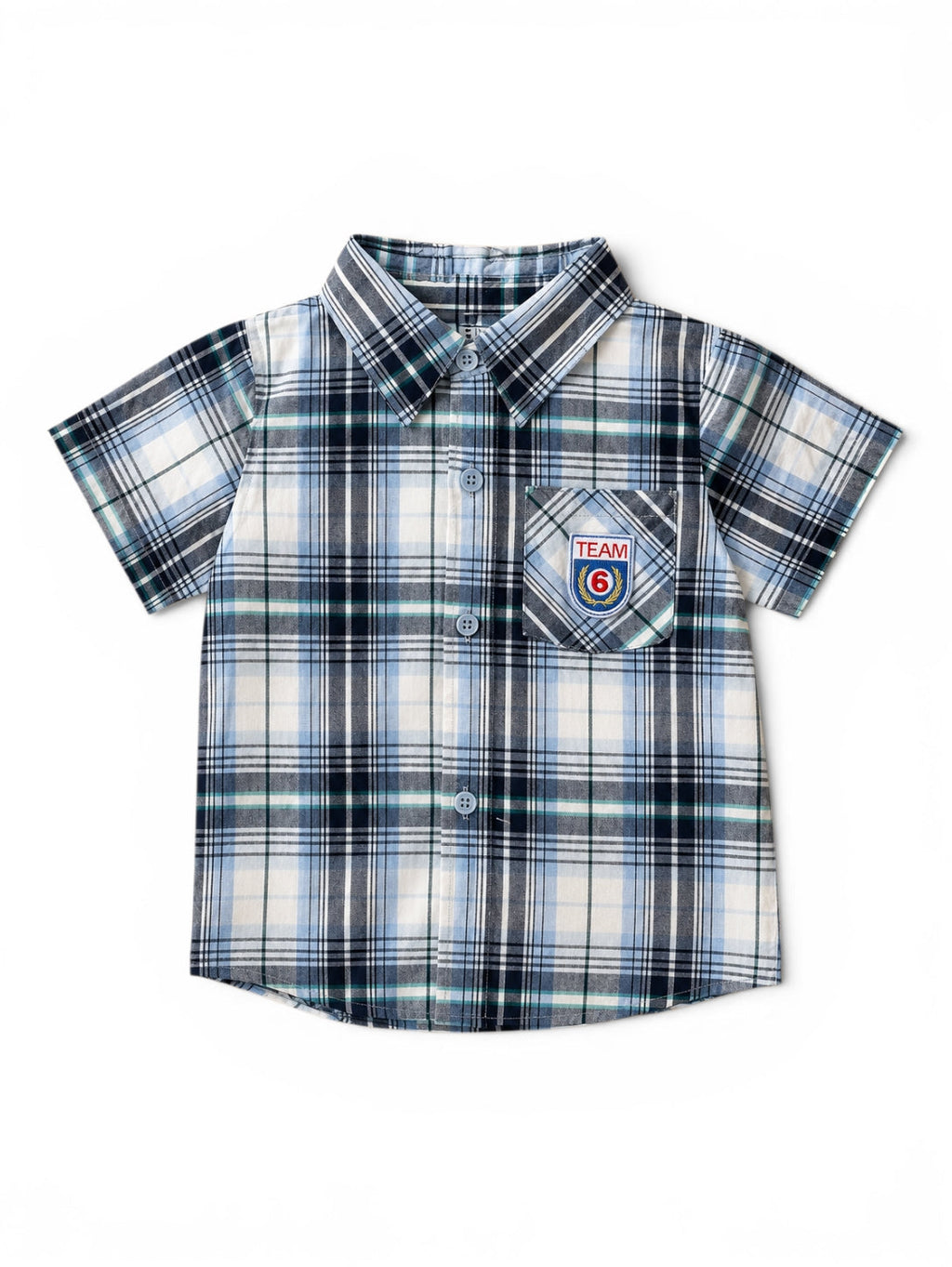 Kurzarmhemd Blau Kariert Team 6 Patch