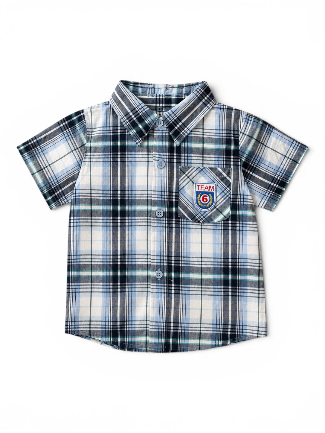 Kurzarmhemd Blau Kariert Team 6 Patch