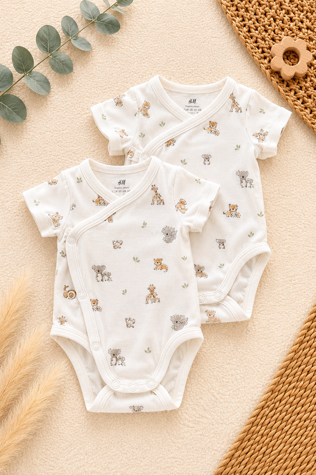 H&M 2er-Pack Wickelbodys Kurzarm Creme Safari-Tiere