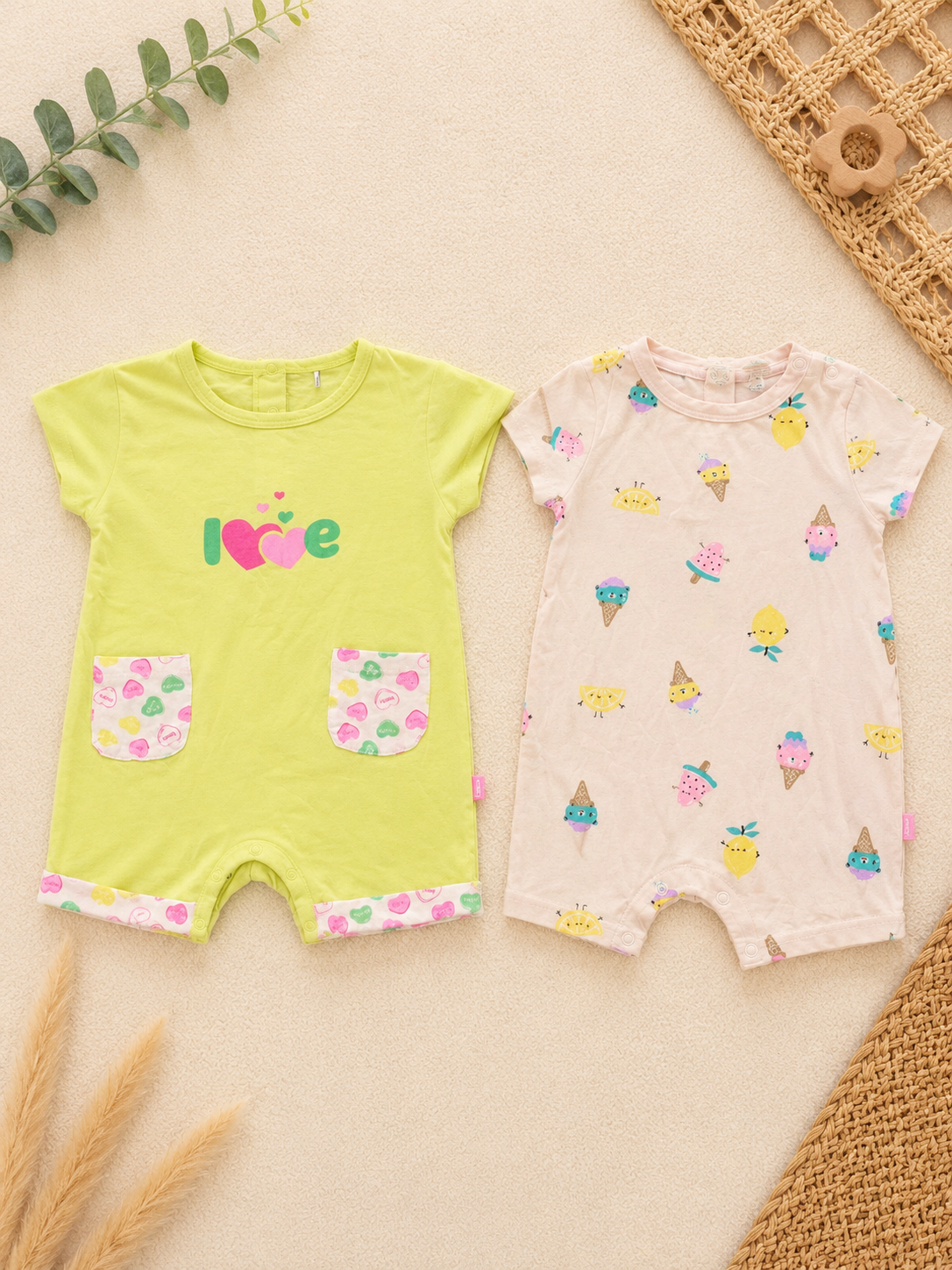 2er-Pack Kurzarm-Strampler Love & Rosa Glacé-Print