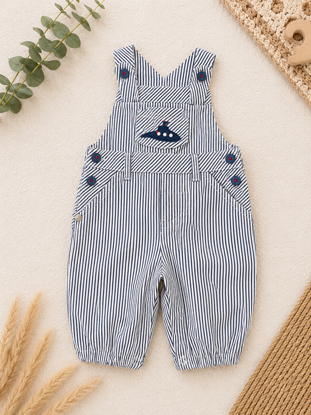 Neu mit Etikette Latzhose Navy-Weiss Gestreift U-Boot-Stickerei Nameit