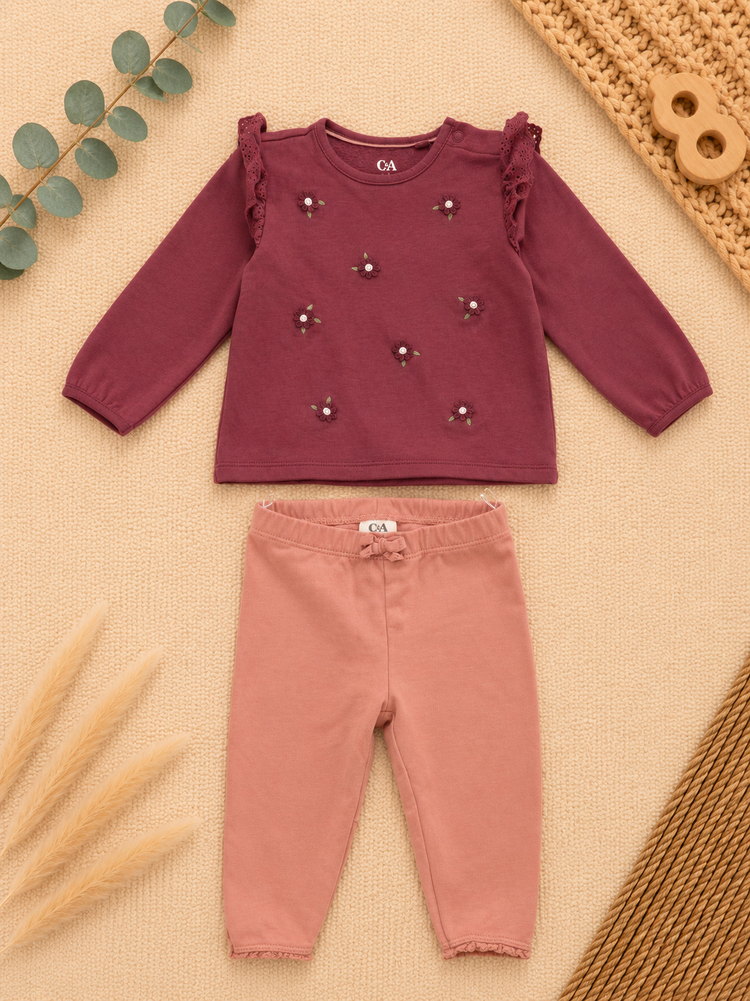C&A Baby-Set Bordeaux/Rosa Blumen