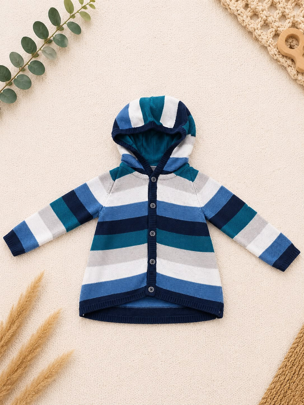 Baby-Strickjacke Gestreift Blau/Teal mit Kapuze