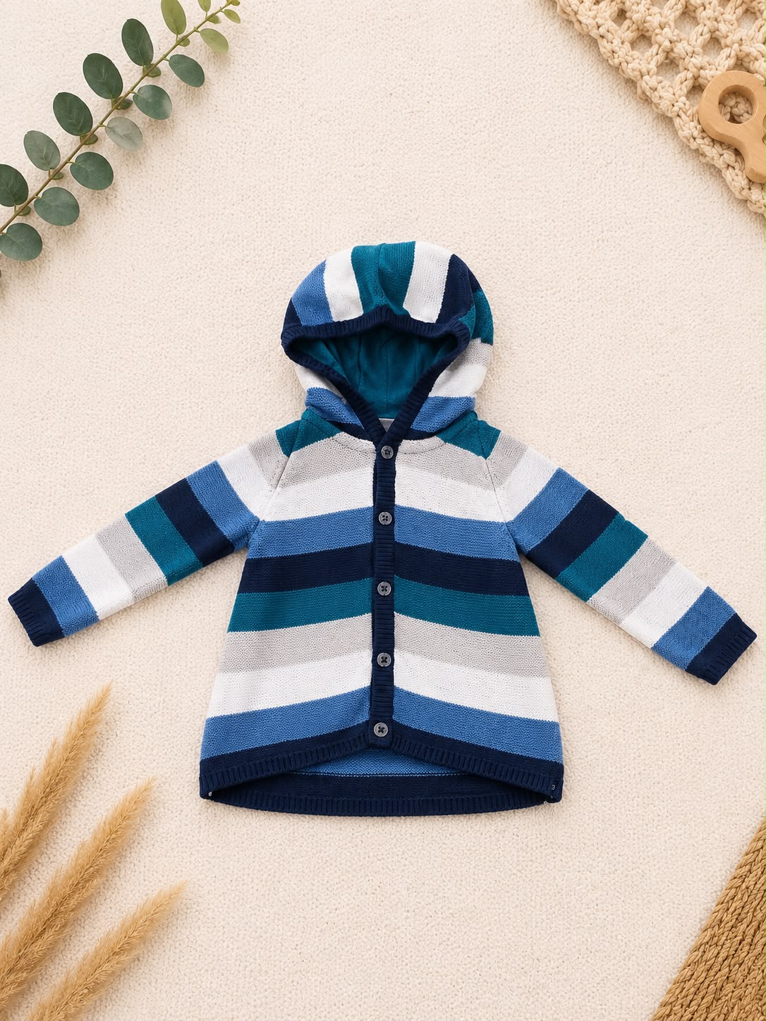 Baby-Strickjacke Gestreift Blau/Teal mit Kapuze