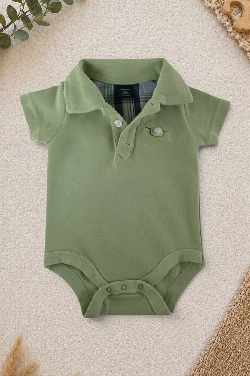 Babygap Kurzarm-Body Olivgrün Polokragen Karo-Innenfutter
