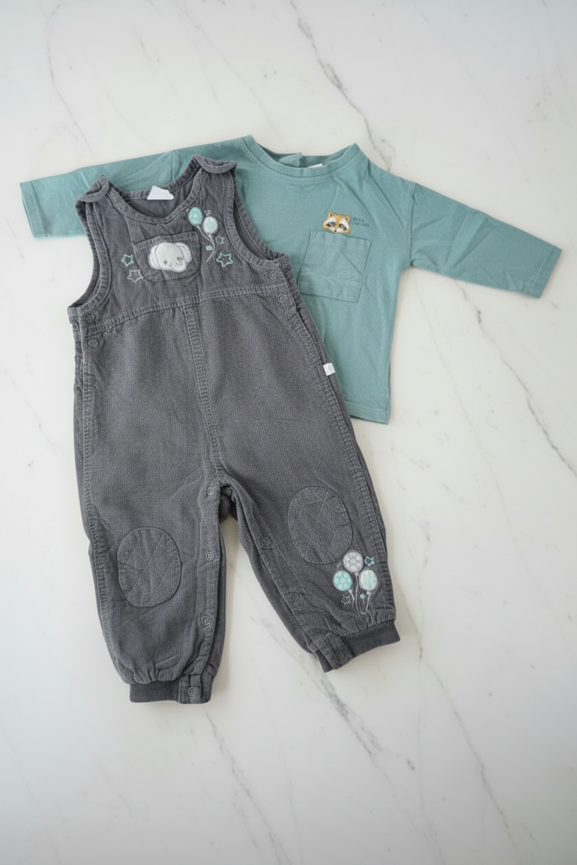Baby Latzhosen-Set mit Langarmshirt Elefant & Waschbär
