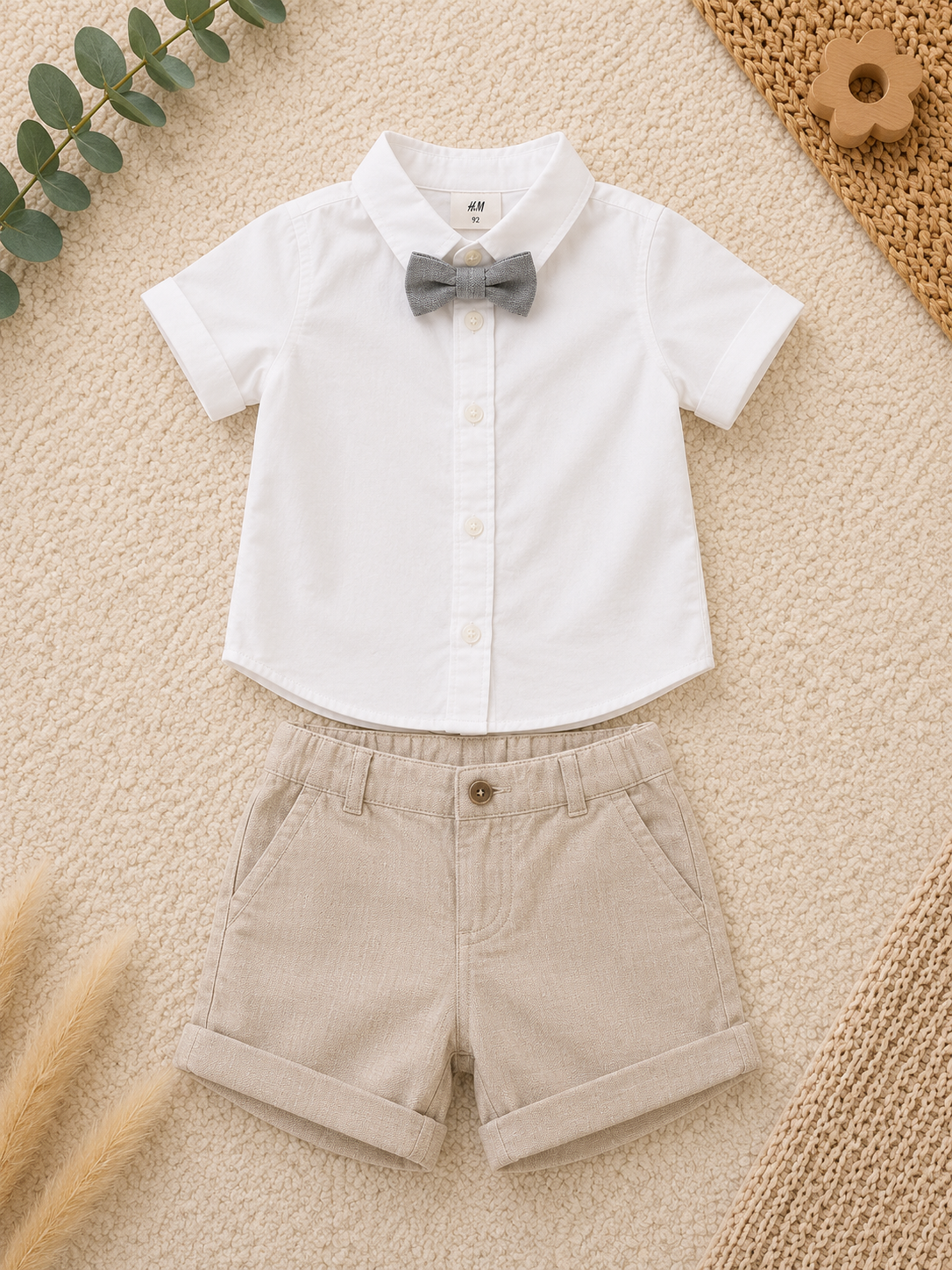 H&M 3-teiliges Festset Weiss Kurzarmhemd Fliege & Beige Chino-Shorts & Sakko