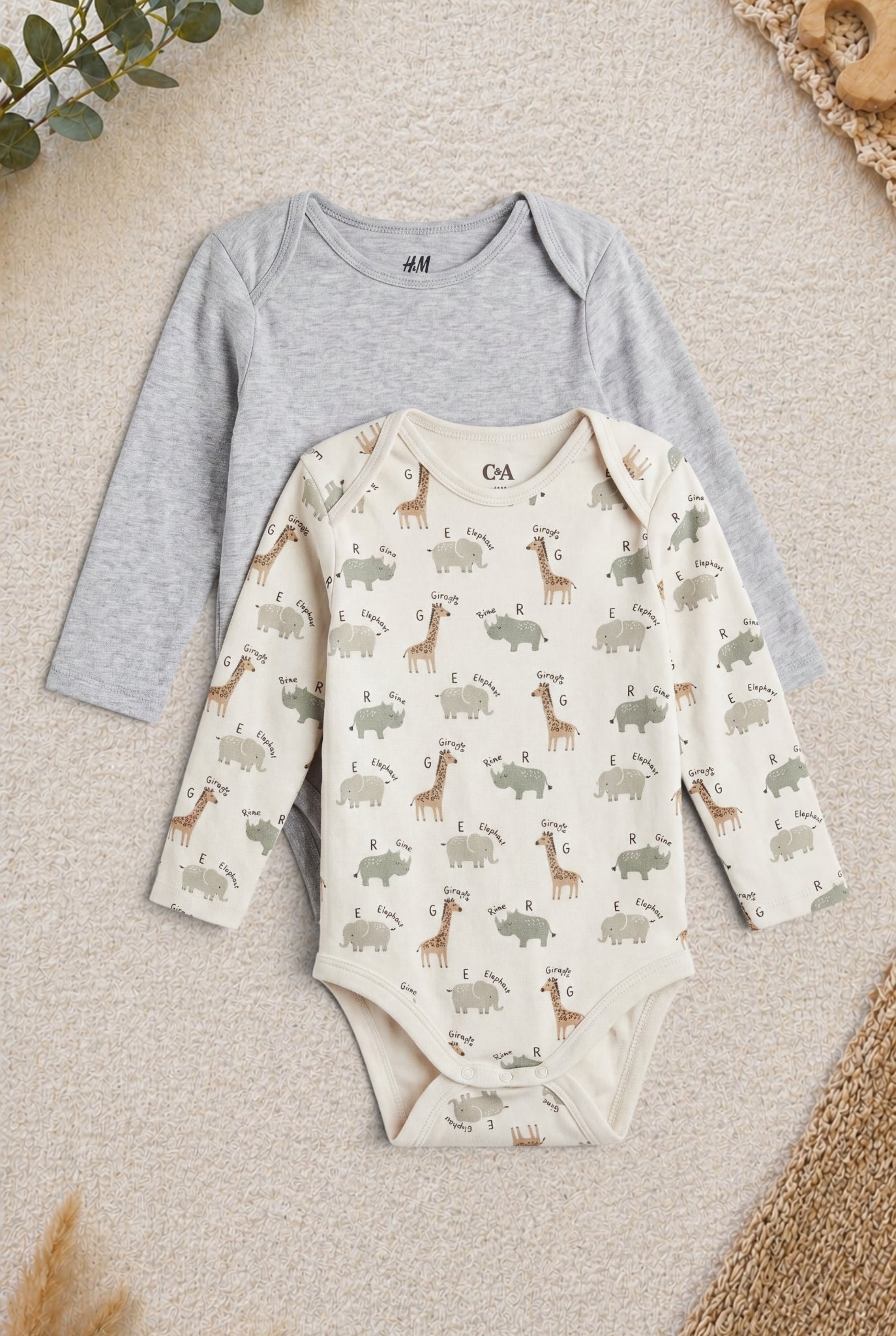 H&M/C&A 2er-Pack Langarm-Body Grau & Creme Tiere