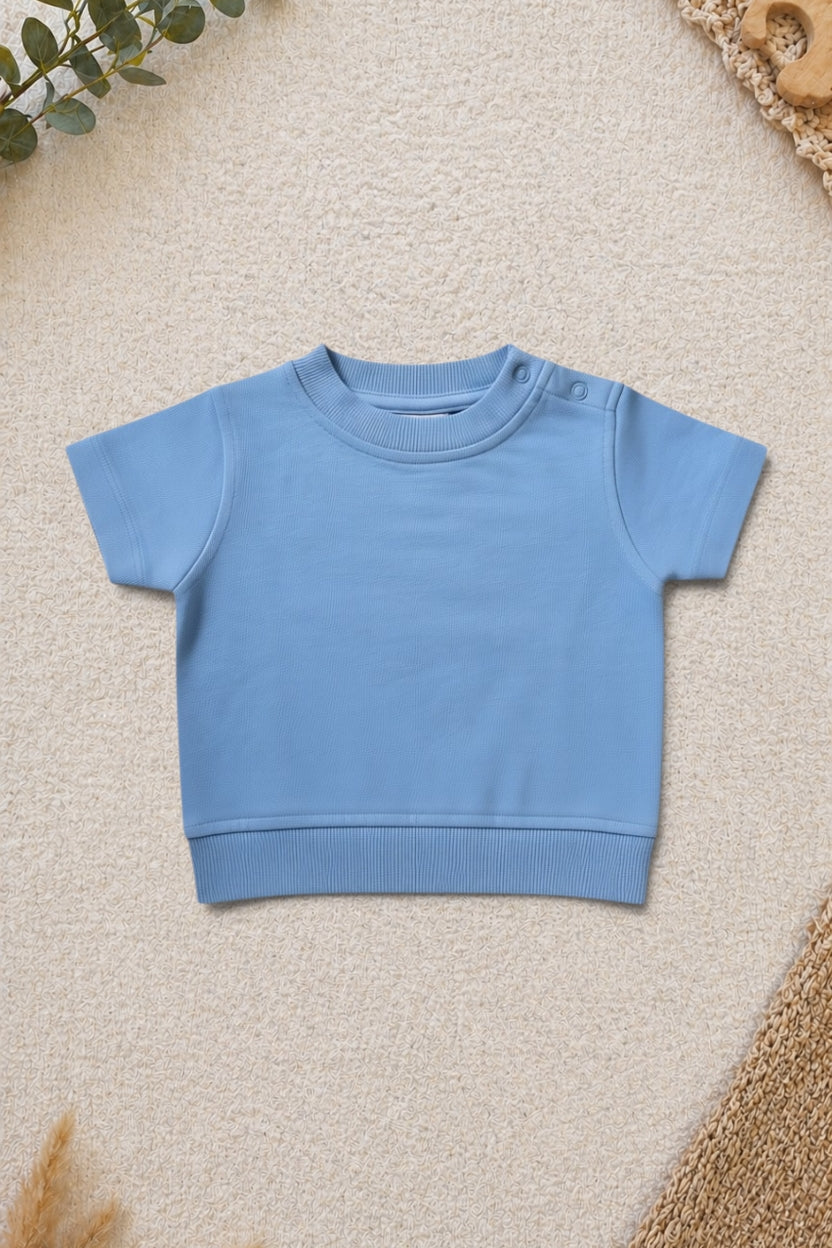 Kurzarm-Sweatshirt Hellblau Uni Schulterknopf