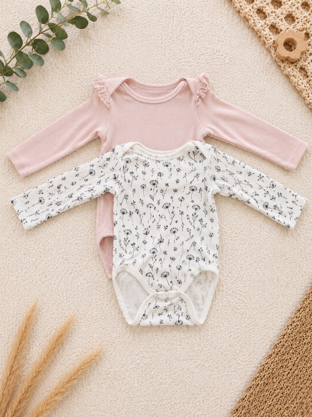 2er-Pack Langarm-Bodys Rosa Rüschenschultern & Weiss Pusteblumen