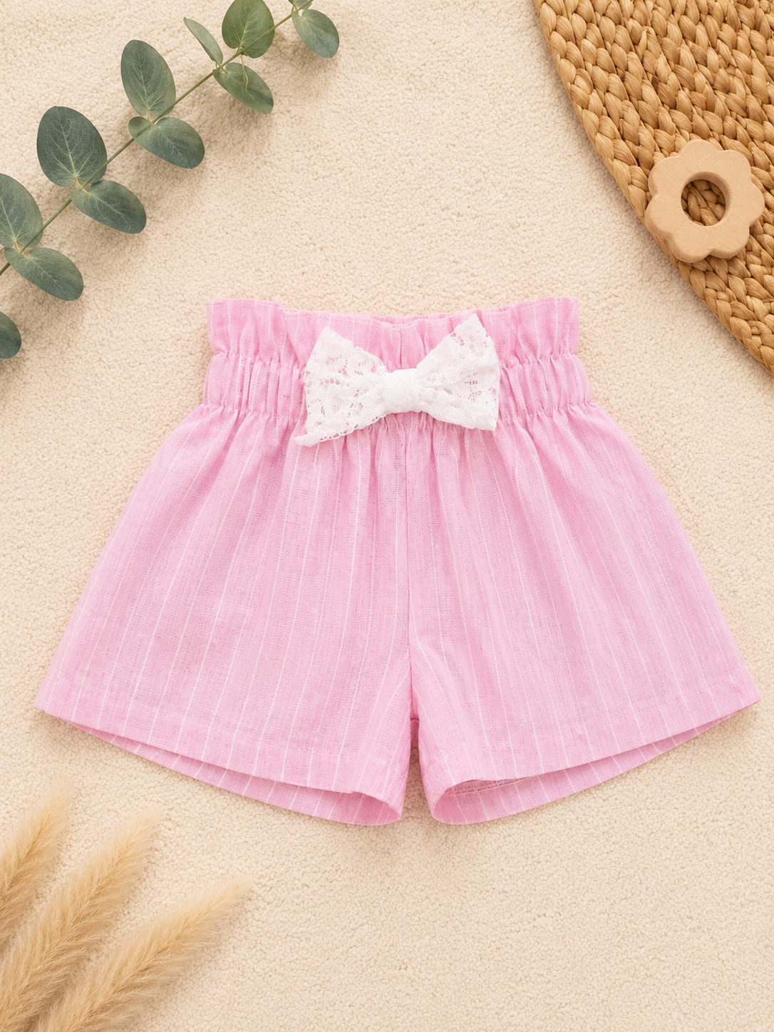 Shorts Rosa Gestreift mit Lochstickerei-Schleife