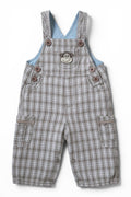 Latzhose Grau-Beige Karo Affe-Applikation Hellblau Futter
