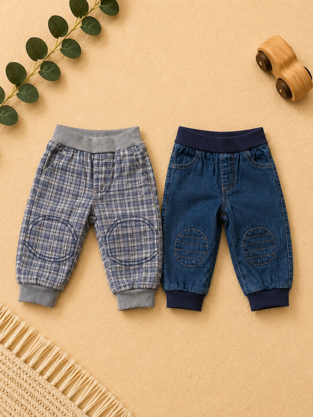 2er-Set Baby-Hosen Kariert & Jeans mit Kniepatch